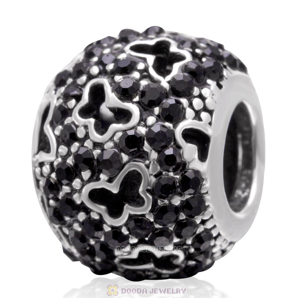 Fluttering Butterflies Charm 925 Sterling Silver Bead with Jet Pave Australian Crystal
