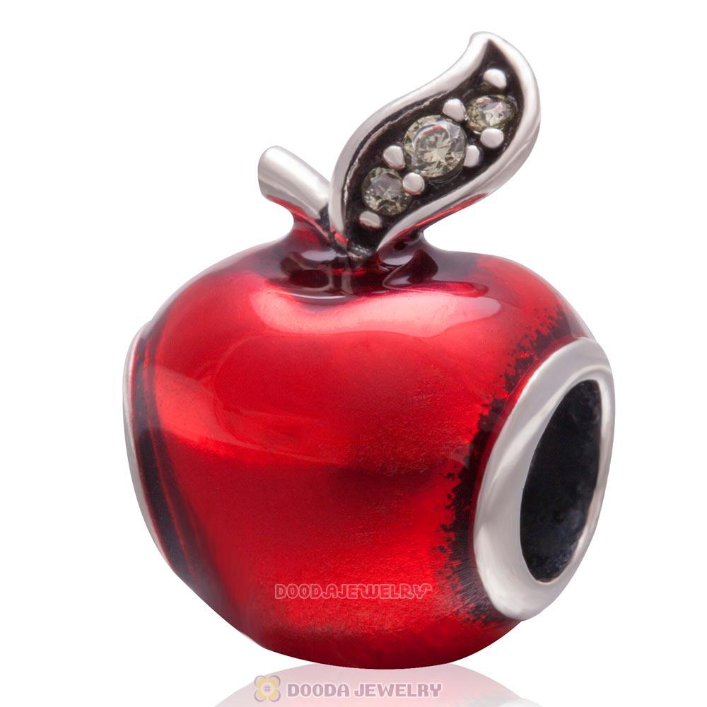Snow White Red Apple Charm Enamel Bead 925 Sterling Silver Green CZ