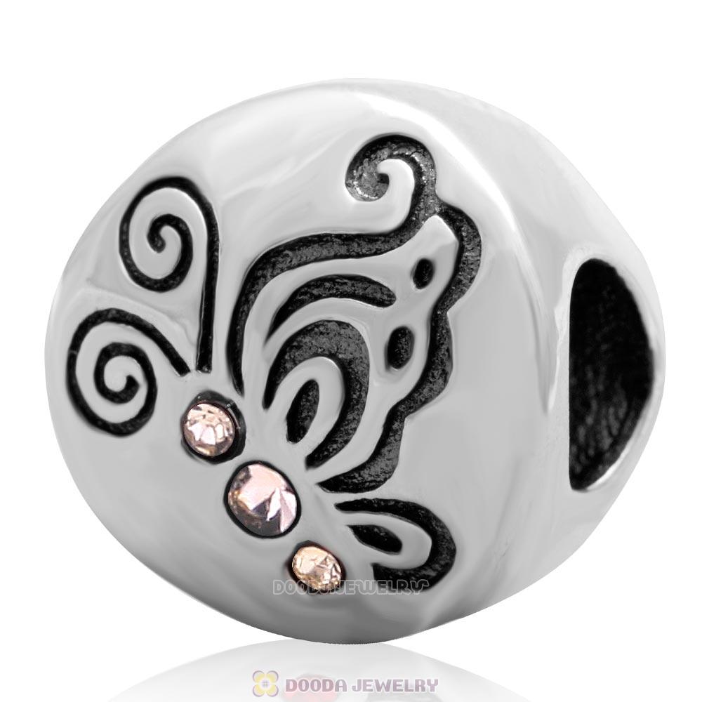 Dancing Butterflies Charm 925 Sterling Silver Bead with Light Peach Australian Crystal