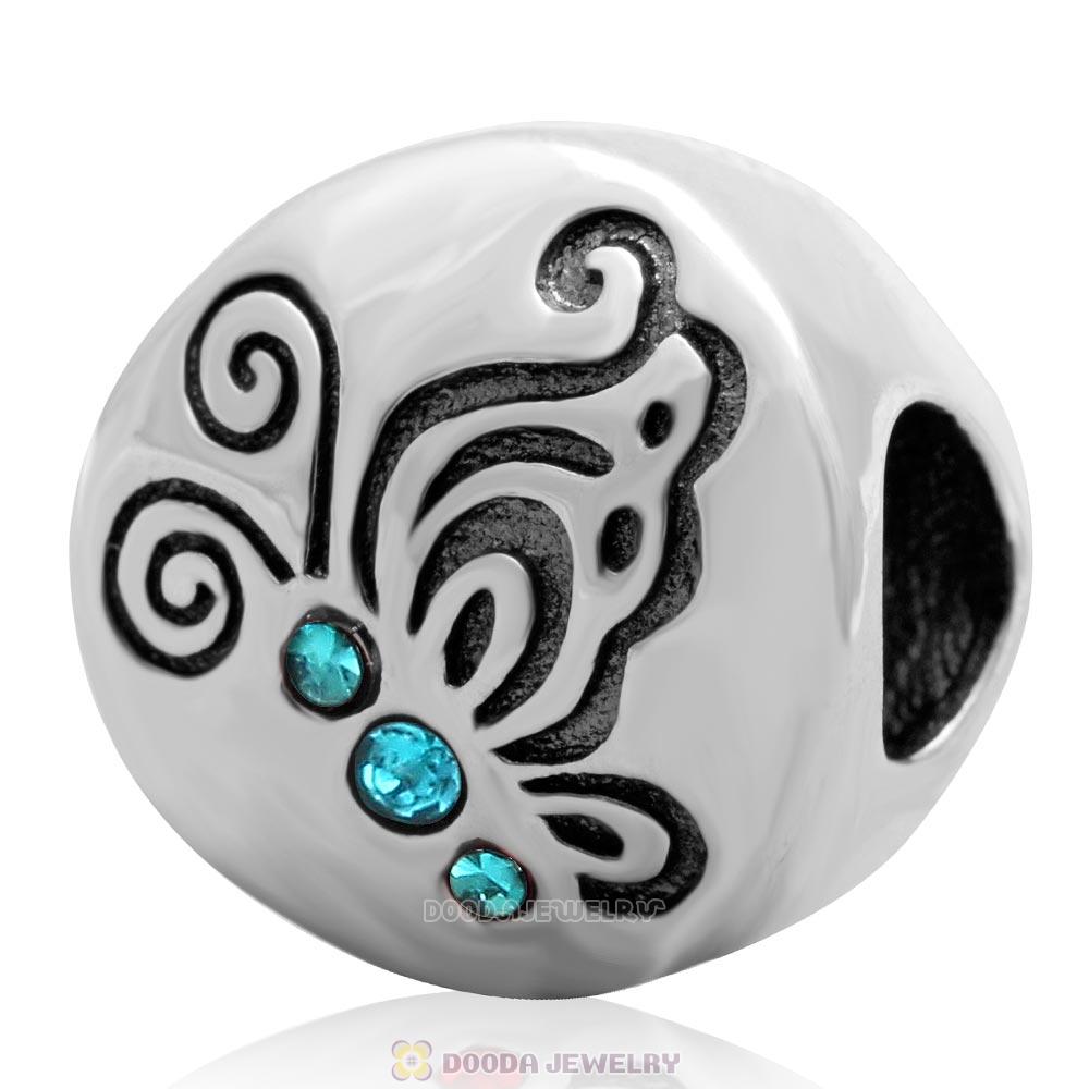 Dancing Butterflies Charm 925 Sterling Silver Bead with Blue Zircon Australian Crystal