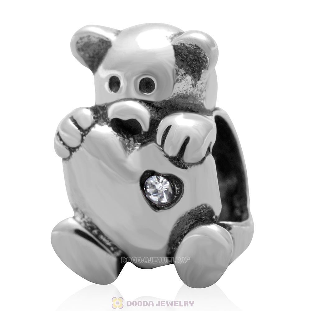 Bear Hug Heart Charm 925 Sterling Silver with Clear Austrian Crystal