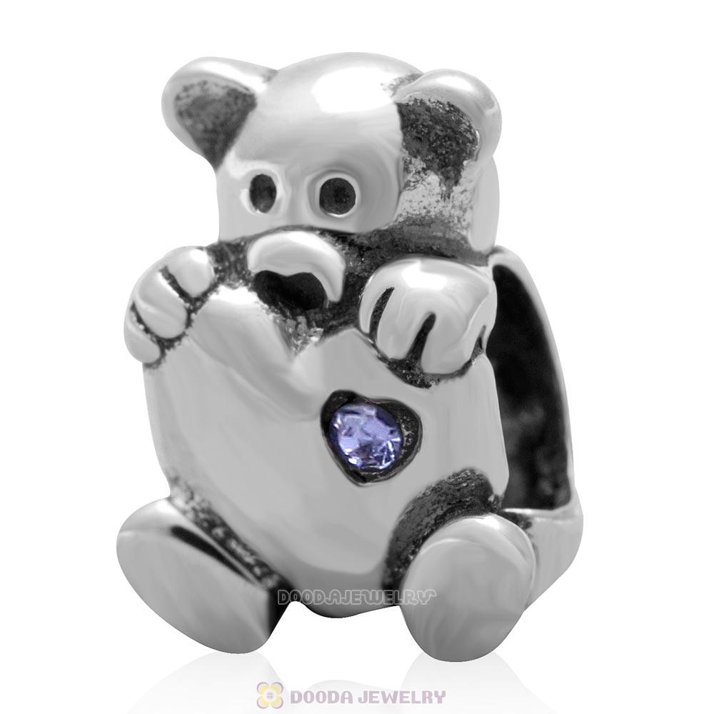 Bear Hug Heart Charm 925 Sterling Silver with Tanzanite Austrian Crystal