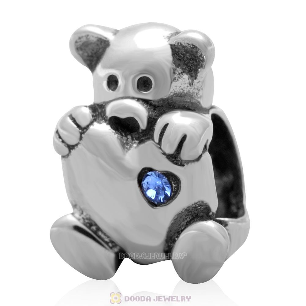 Bear Hug Heart Charm 925 Sterling Silver with Sapphire Austrian Crystal