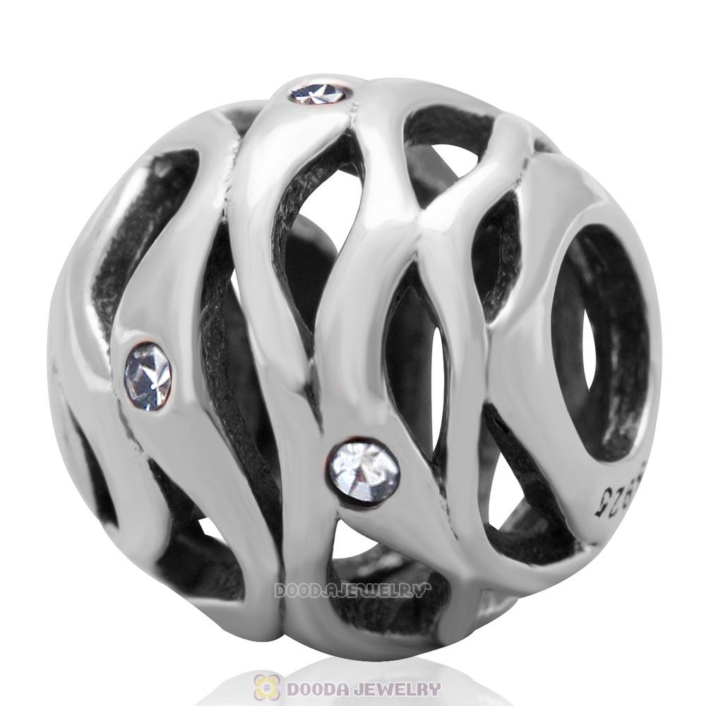European Style Sterling Silver Openwork Wave Charm Bead with Clear Australian Crystal