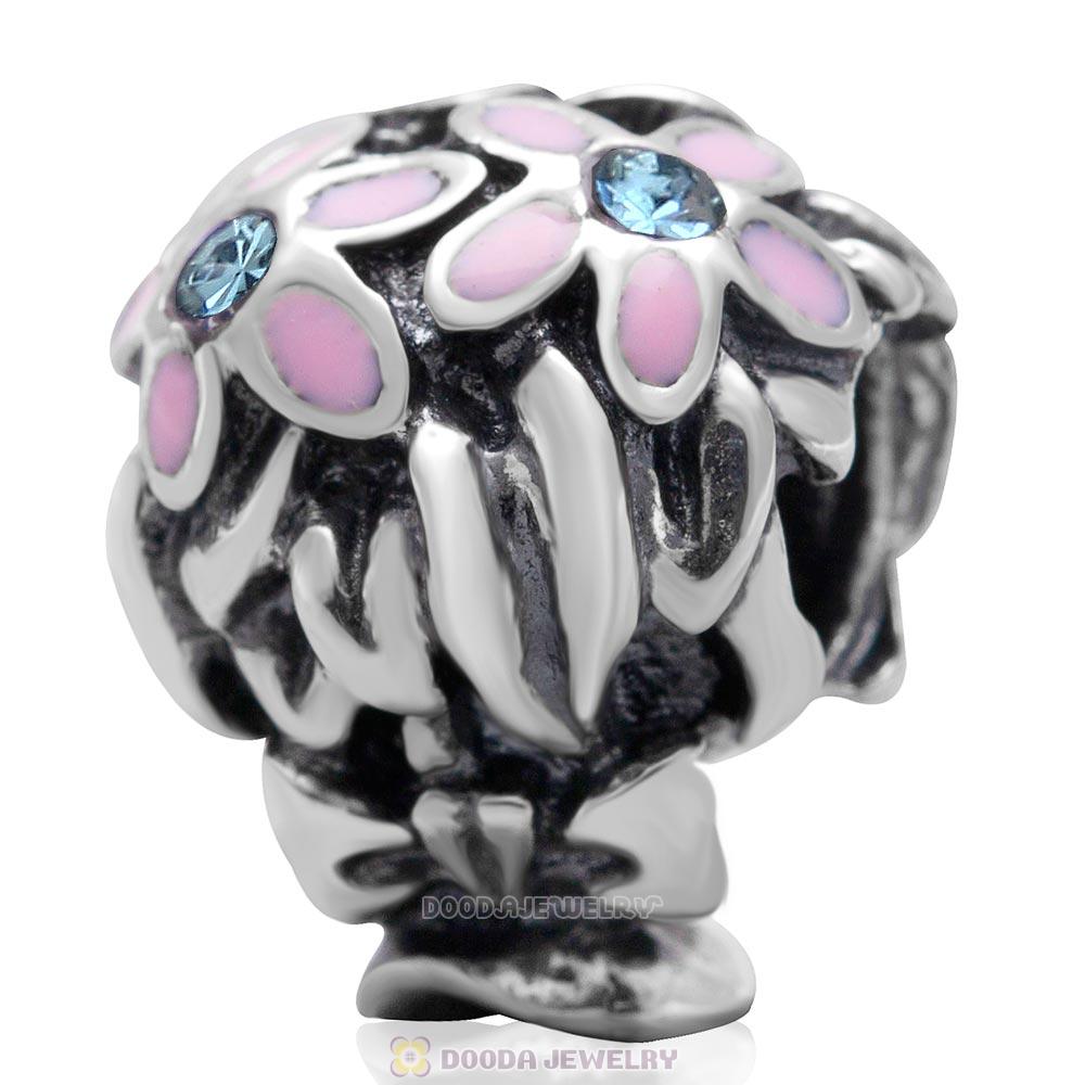 Bouquet Charm Enamel 925 Sterling Silver with Aquamarine Austrian Crystal