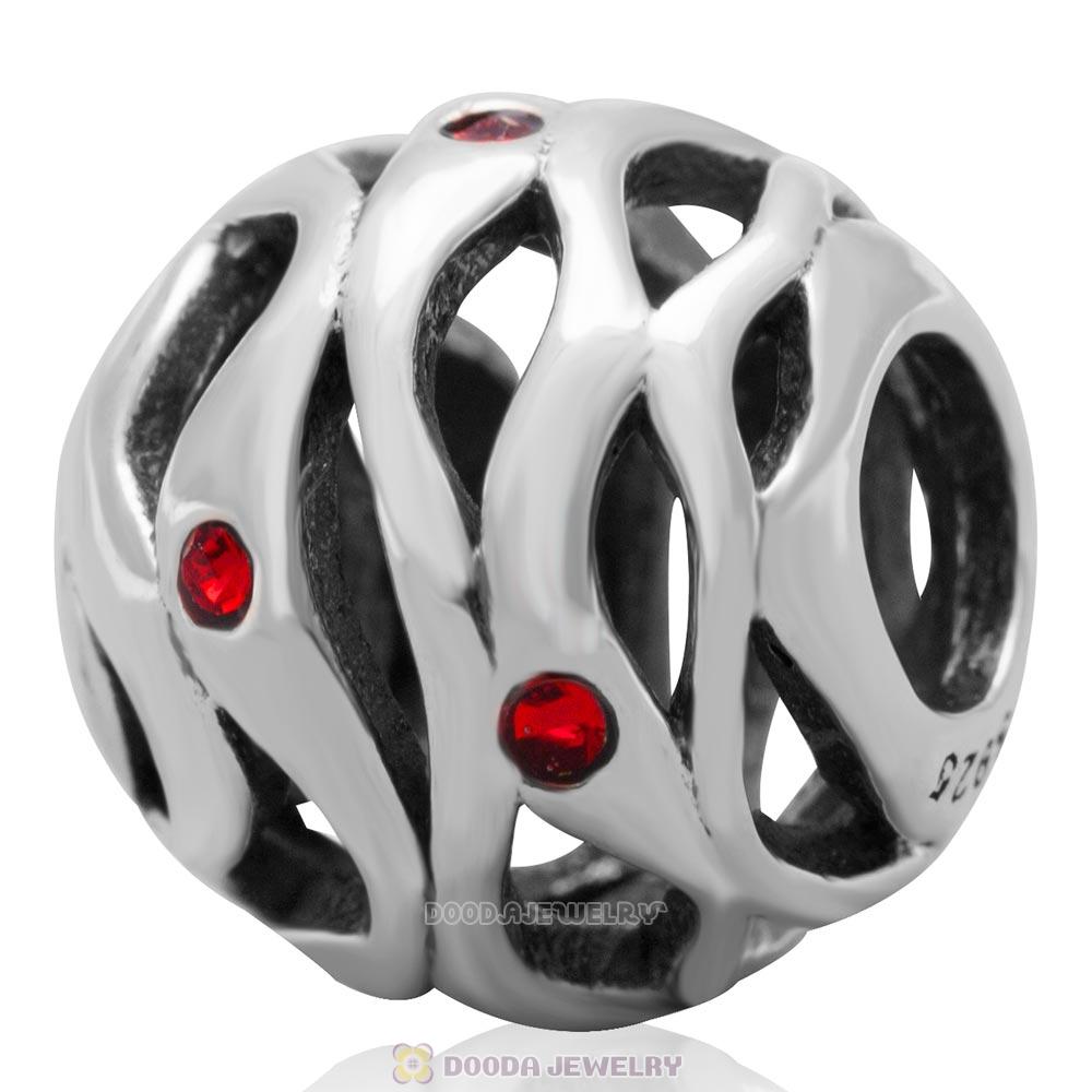 European Style Sterling Silver Openwork Wave Charm Bead with Lt Siam Australian Crystal