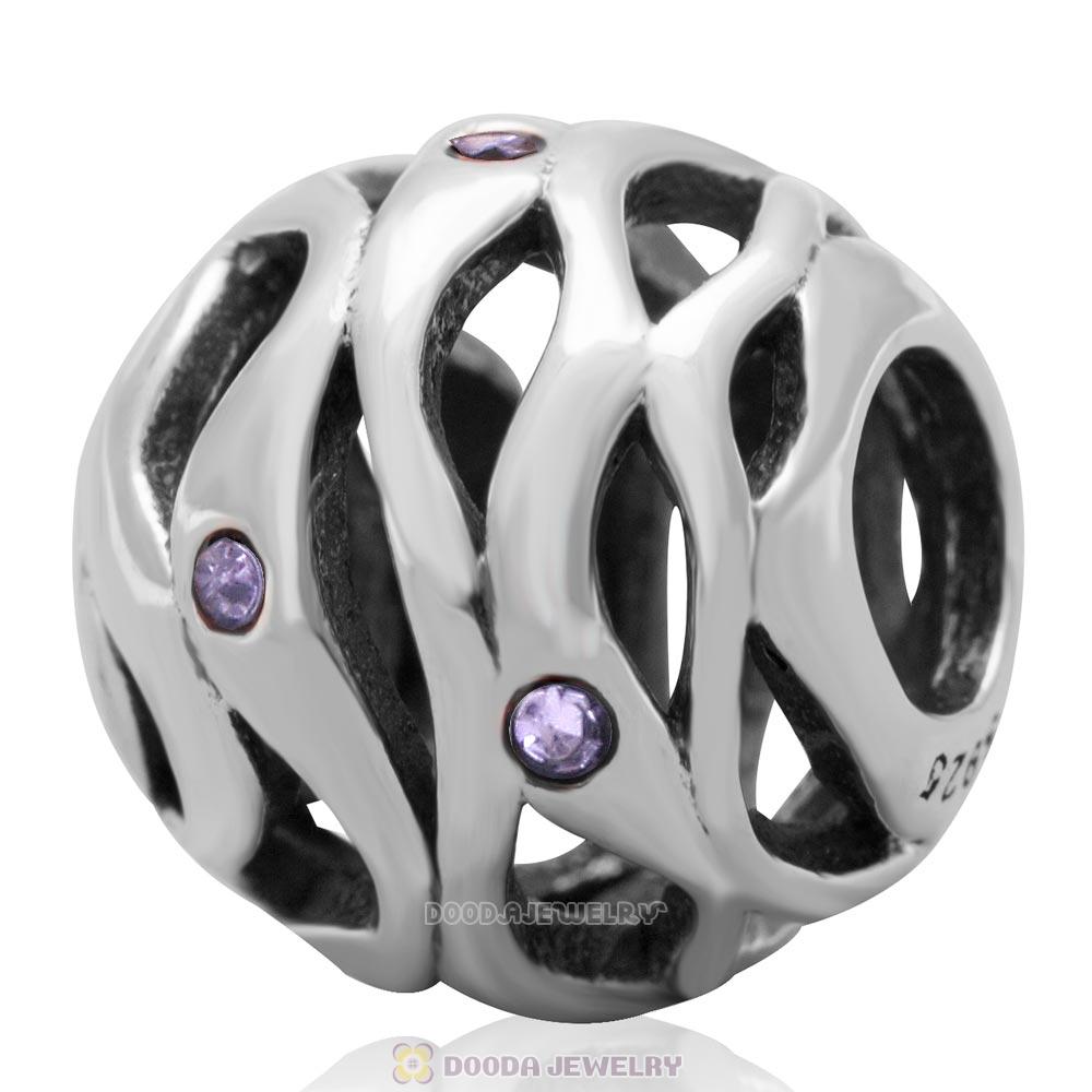 European Style Sterling Silver Openwork Wave Charm Bead with Violet Australian Crystal