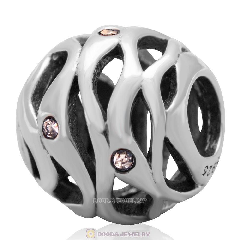 European Style Sterling Silver Openwork Wave Charm Bead with Light Peach Australian Crystal