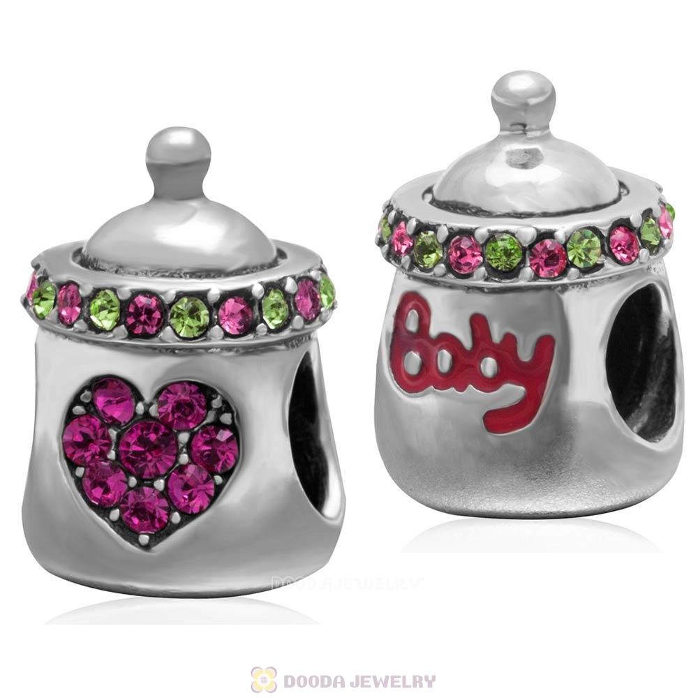 Baby Bottle Milk Charm 925 Sterling Silver with Colorful Pave Heart Australian Crystal