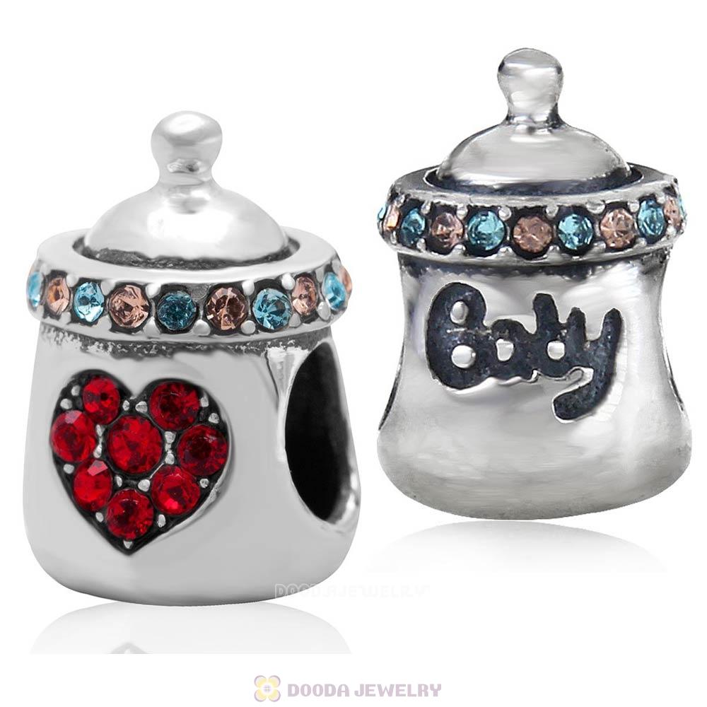 Sterling Silver Baby Bottle Milk Charm Bead with Pave Heart Australian Crystal
