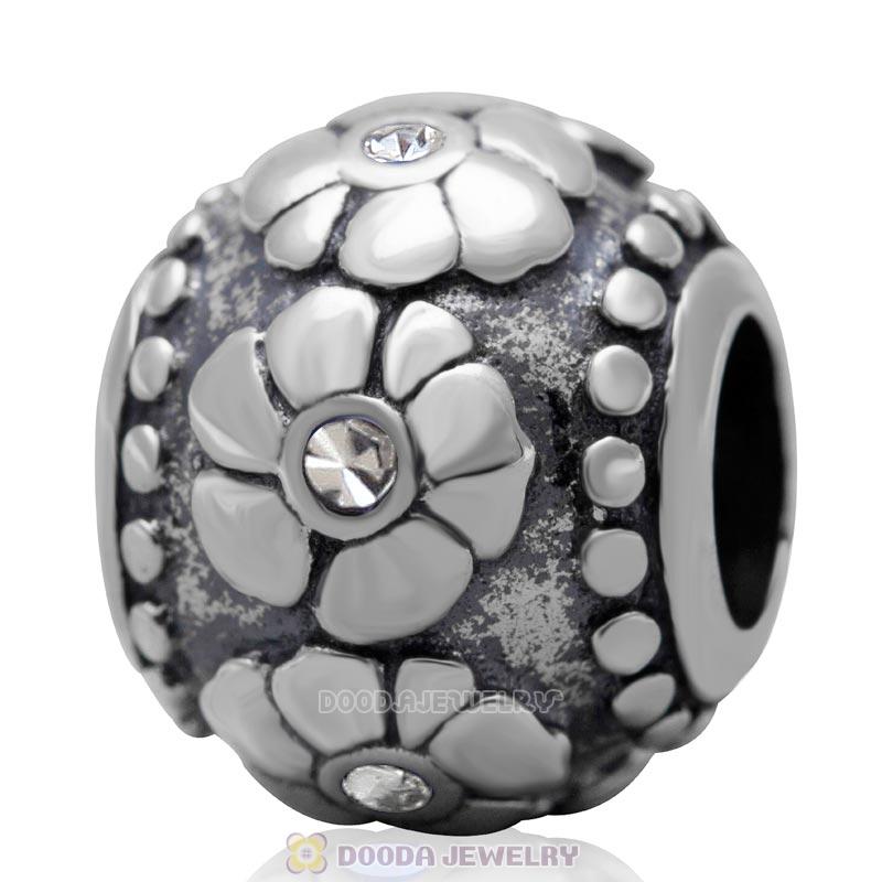 European Style Flower Charm Antique Sterling Silver with Clear Australian Crystal