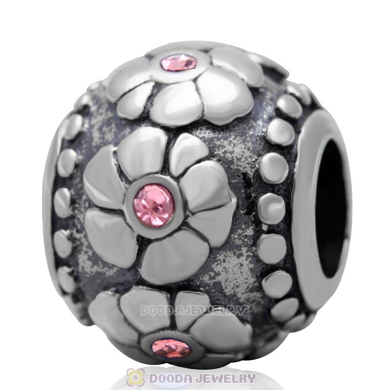 European Style Flower Charm Antique Sterling Silver with Lt Rose Australian Crystal