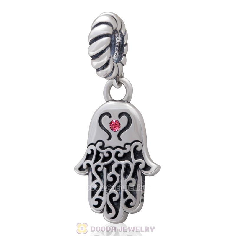 Religion Faith Hamsa Dangle Charm 925 Sterling Silver with Rose Crystal
