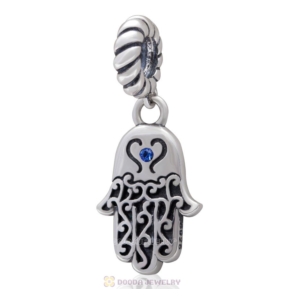 Religion Faith Hamsa Dangle Charm 925 Sterling Silver with Sapphire Crystal