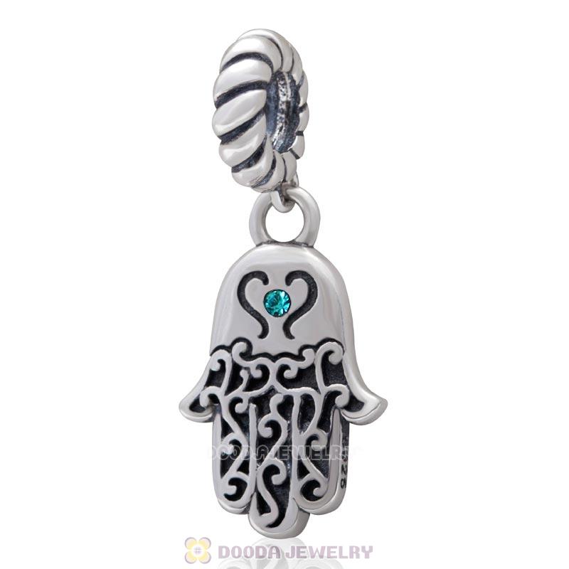 Religion Faith Hamsa Dangle Charm 925 Sterling Silver with Blue Zircon Crystal
