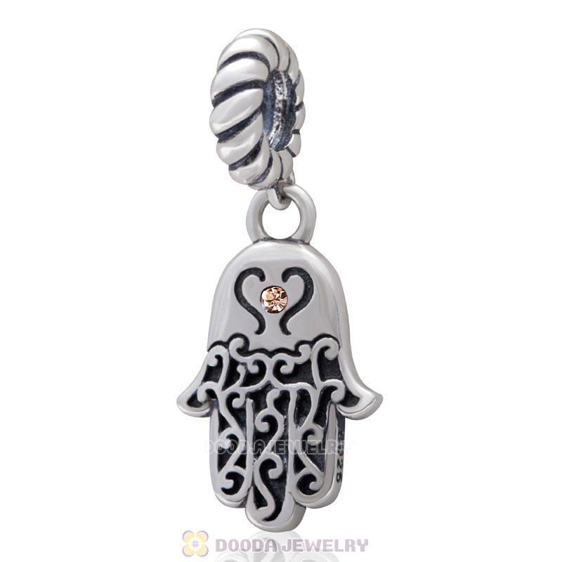Religion Faith Hamsa Dangle Charm 925 Sterling Silver with Light Peach Crystal