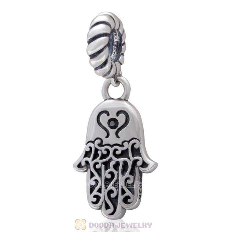 Religion Faith Hamsa Dangle Charm 925 Sterling Silver with Jet Crystal