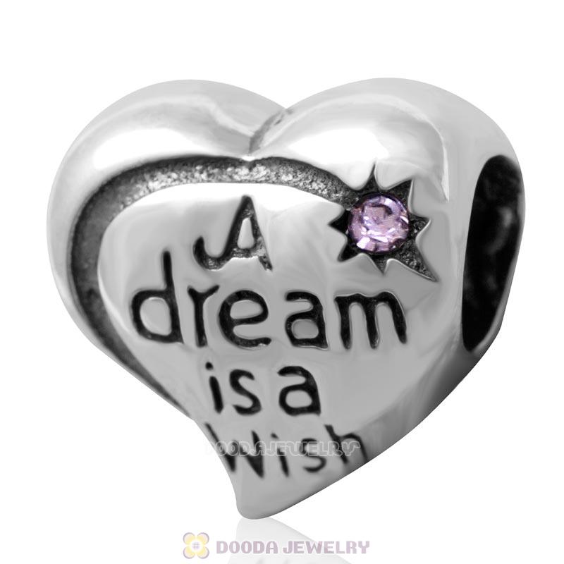 925 Silver A dream is a wish your heart makes Bead with Violet Crystal