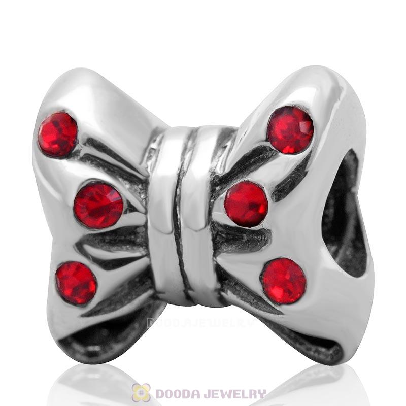 925 Sterling Silver Minnie Bow knot Charm Bead with Lt Siam Crystal