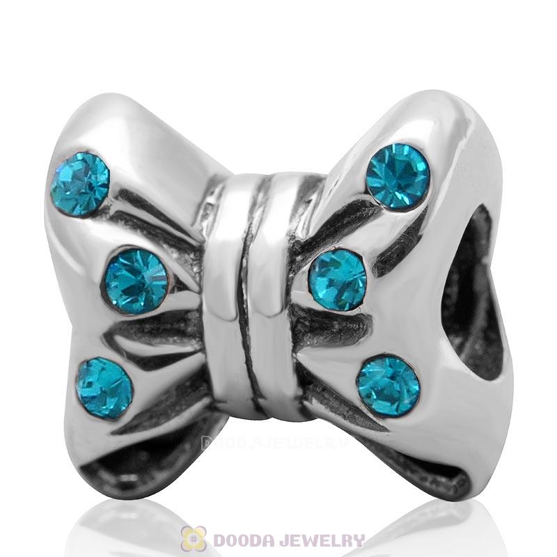 925 Sterling Silver Minnie Bow knot Charm Bead with Blue Zircon Crystal