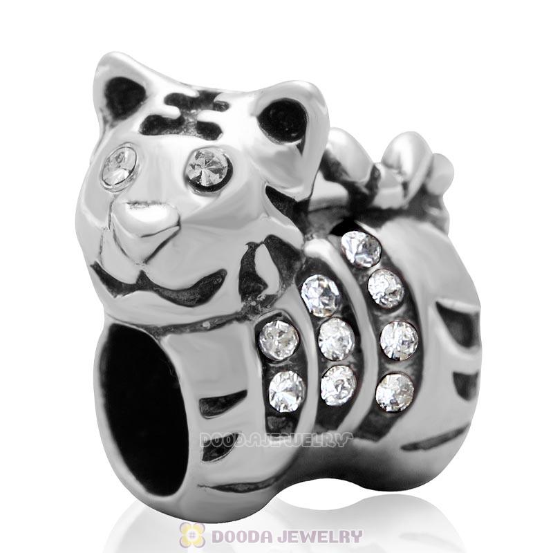 Little Tiger Charm 925 Sterling Silver with Clear Australian Crystal 