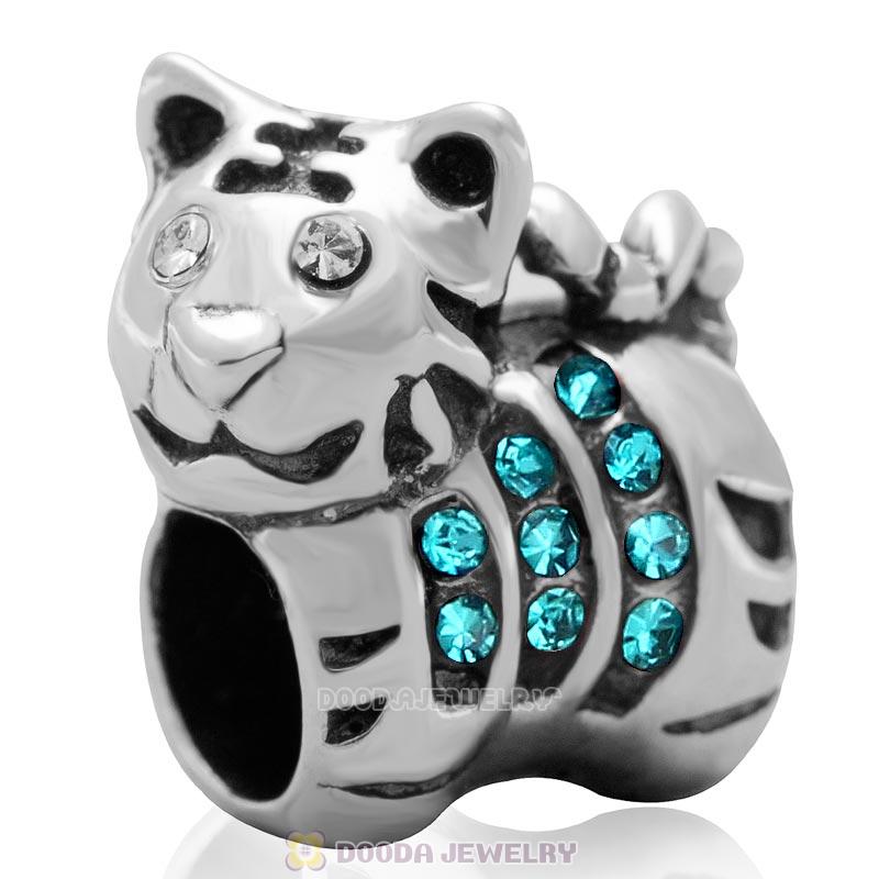 Little Tiger Charm 925 Sterling Silver with Blue Zircon Australian Crystal 