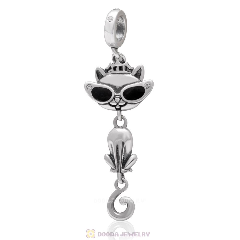 Cat in Sunglasses 925 Sterling Silver Dangle Charm with Clear Crystal