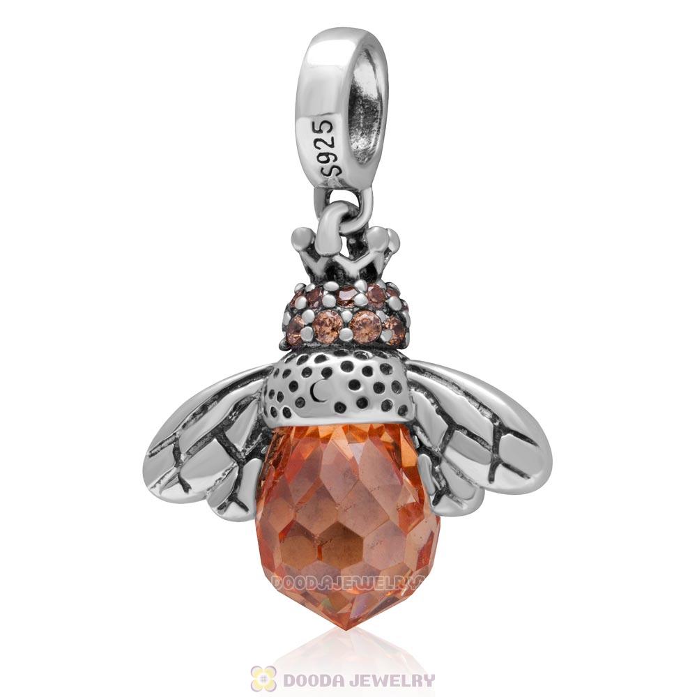 925 Sterling Silver Dangle Bee Charm with Faceted Topaz Zircon Stone