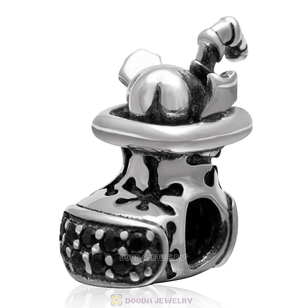 925 Sterling Silver Christmas Boot Charm Bead with Black CZ Stone 