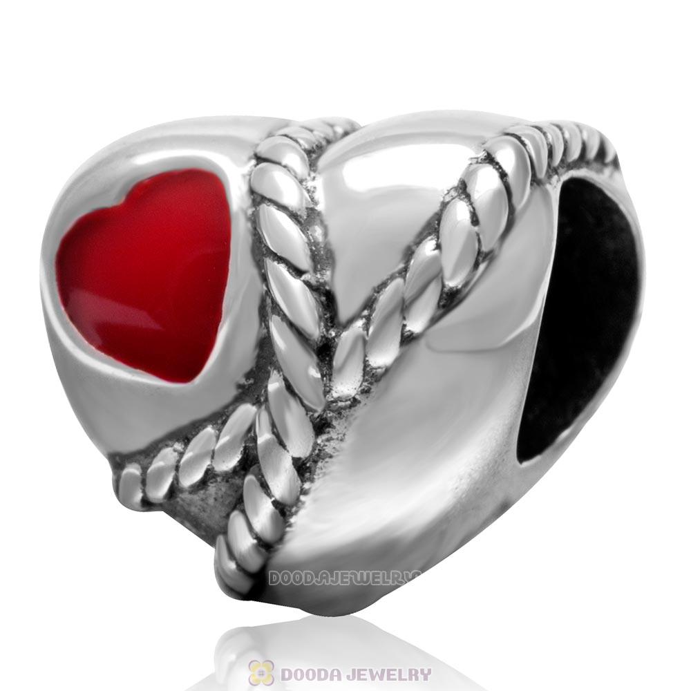 925 Sterling Silver European Red Heart Shaped Rope Bead 