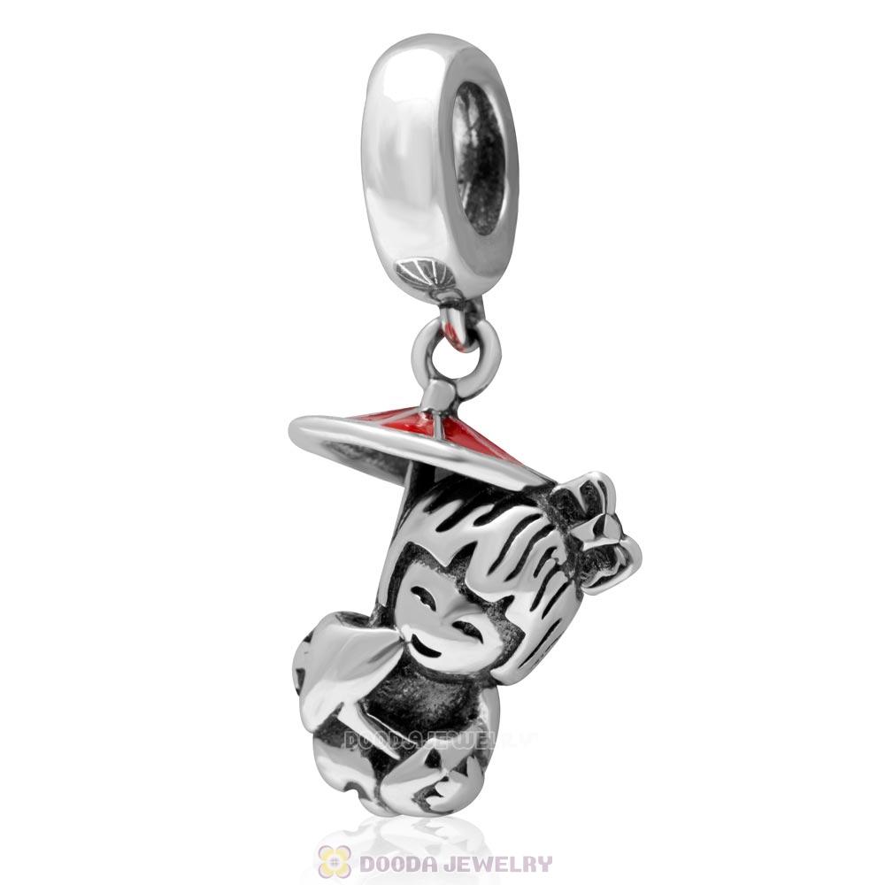 925 Sterling Silver Japan Girl Pendant Charm with Red Enamel Umbrella