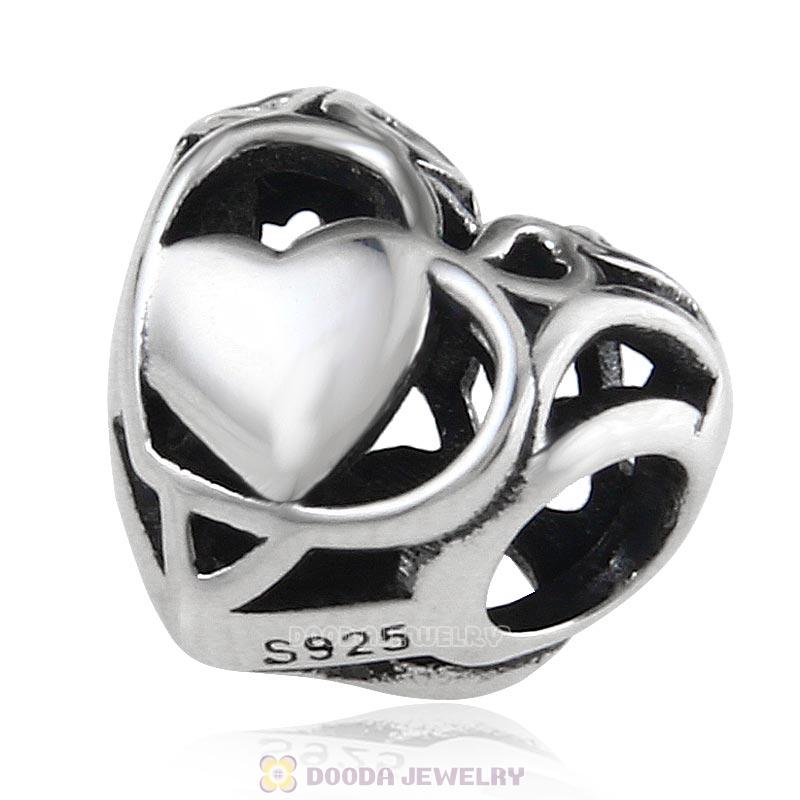 Openwork Heart Charm European Style Antique Sterling Silver Bead