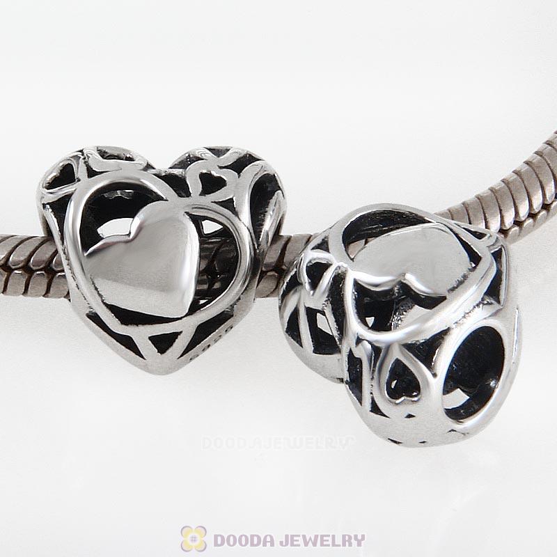 Openwork Heart Charm European Style Antique Sterling Silver Bead