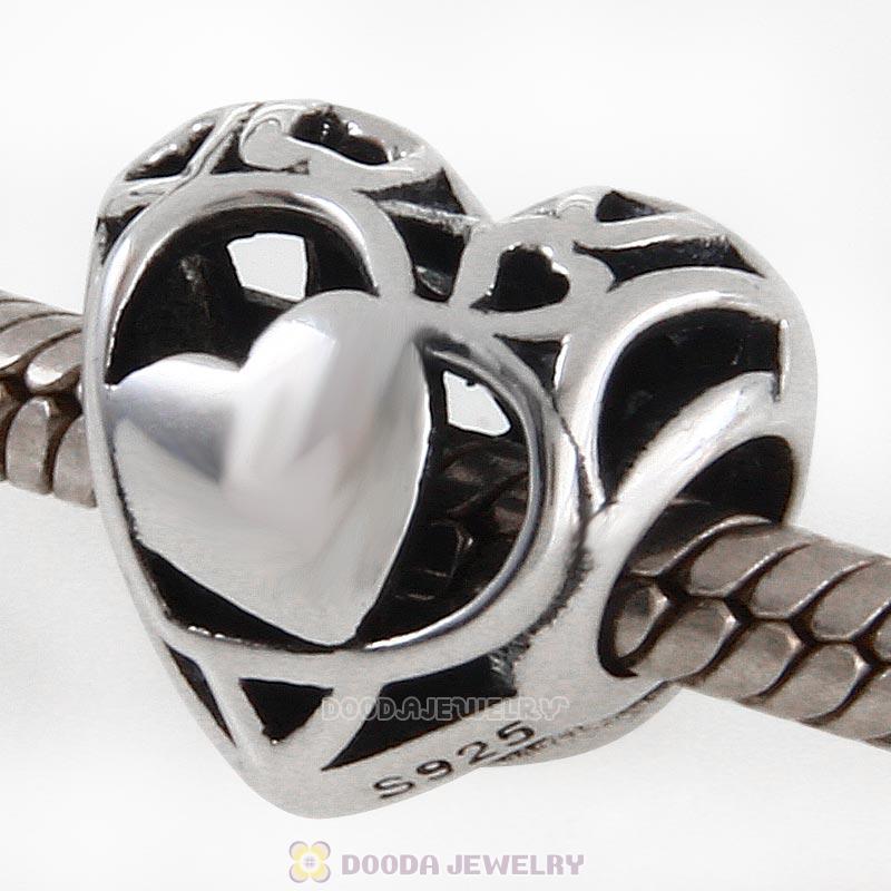 Openwork Heart Charm European Style Antique Sterling Silver Bead