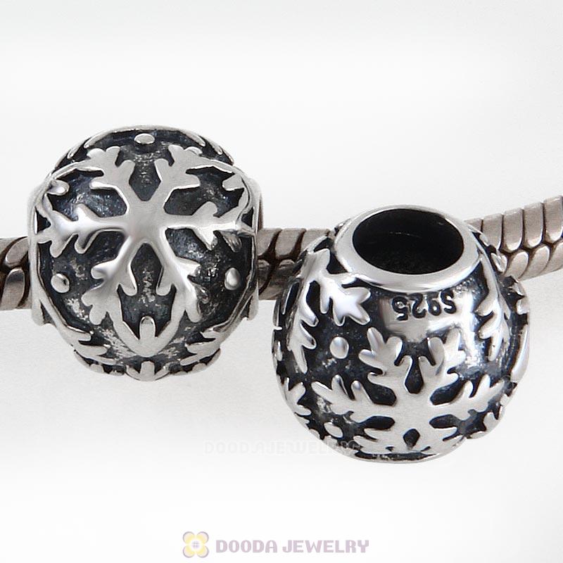 Snowflake Charm Solid Antique Sterling Silver Bead