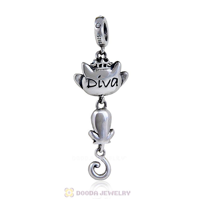 Cat in Sunglasses 925 Sterling Silver Dangle Charm with Clear Crystal