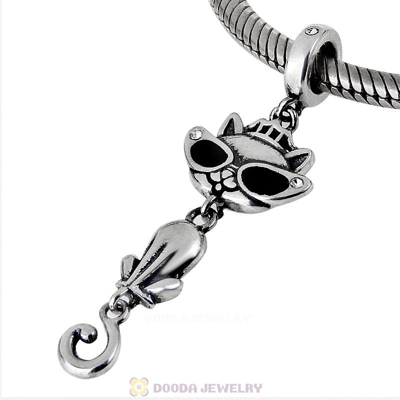 Cat in Sunglasses 925 Sterling Silver Dangle Charm with Clear Crystal