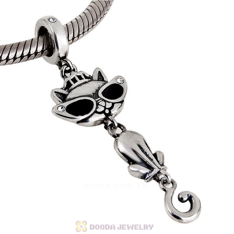 Cat in Sunglasses 925 Sterling Silver Dangle Charm with Clear Crystal