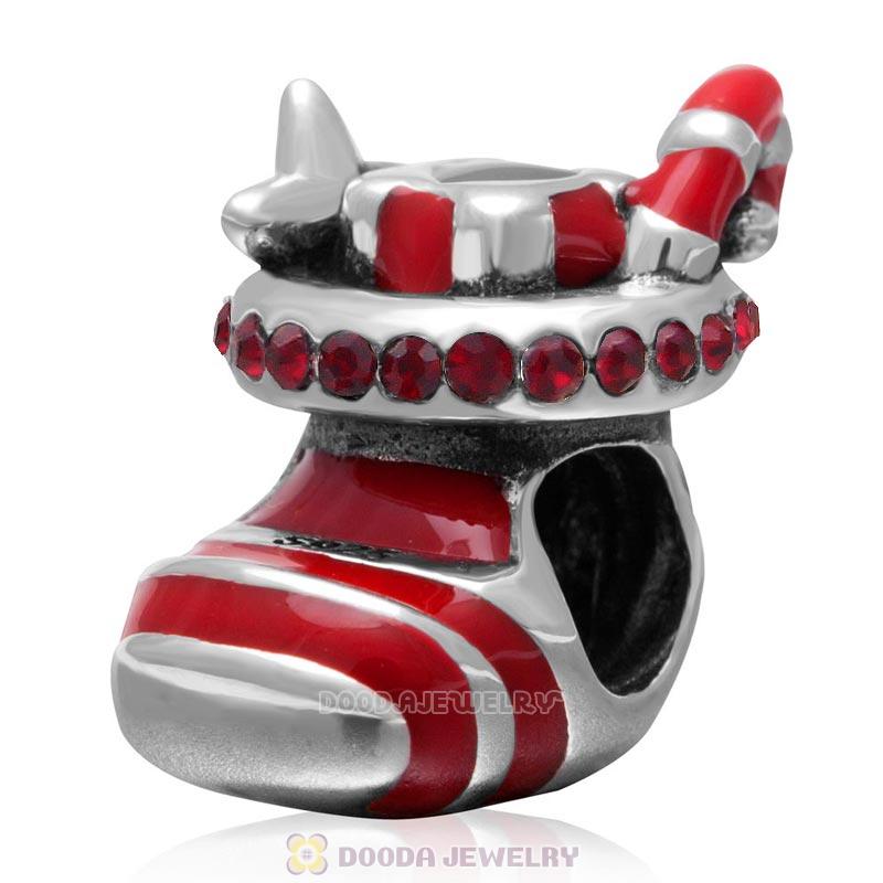 Christmas Stocking Charm Sterling Silver Red Enamel Bead with Siam Australian Crystal