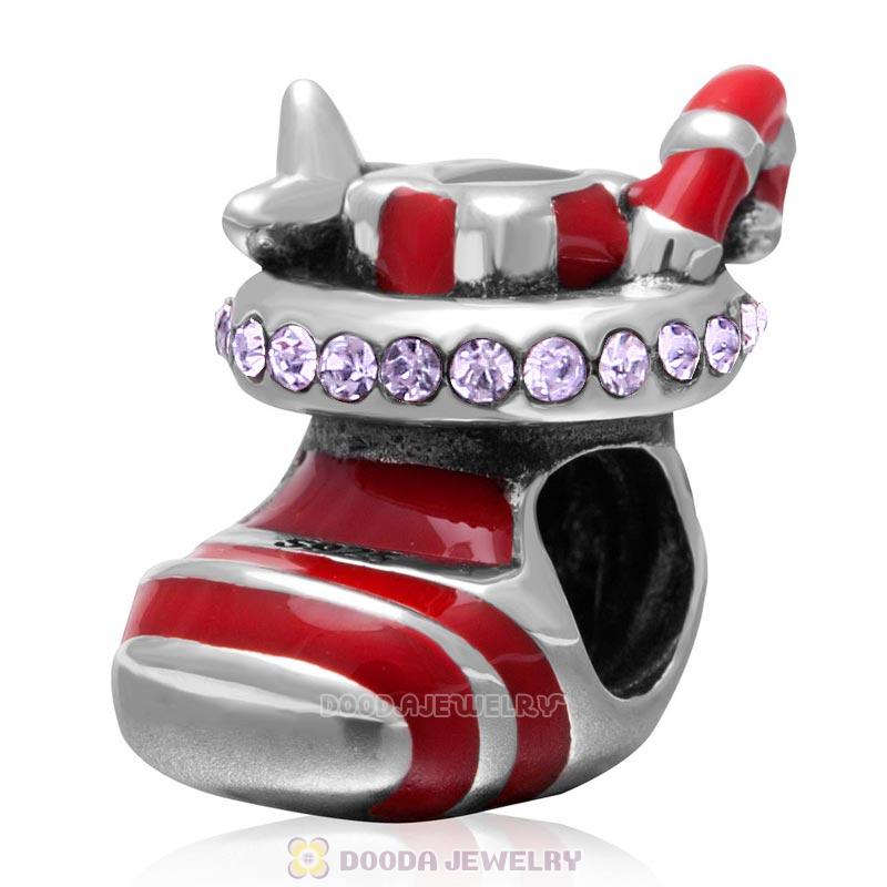 Christmas Stocking Charm Sterling Silver Red Enamel Bead with Violet Australian Crystal