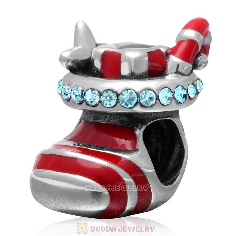 Christmas Stocking Charm Sterling Silver Red Enamel Bead with Aquamarine Australian Crystal