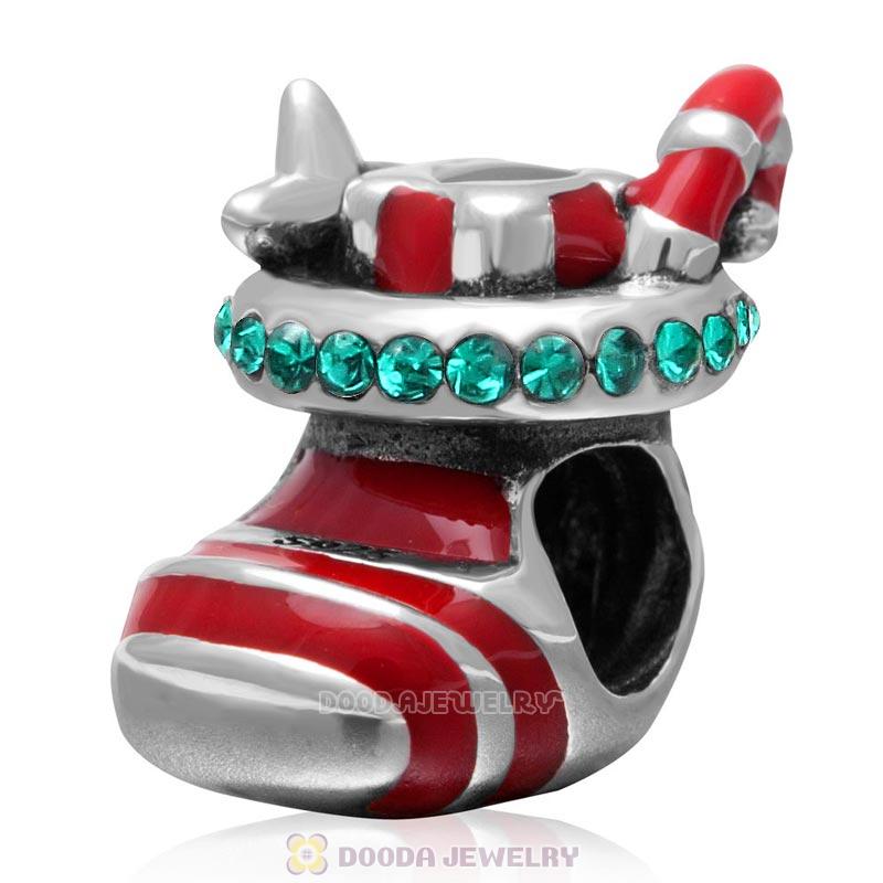 Christmas Stocking Charm Sterling Silver Red Enamel Bead with Emerald Australian Crystal