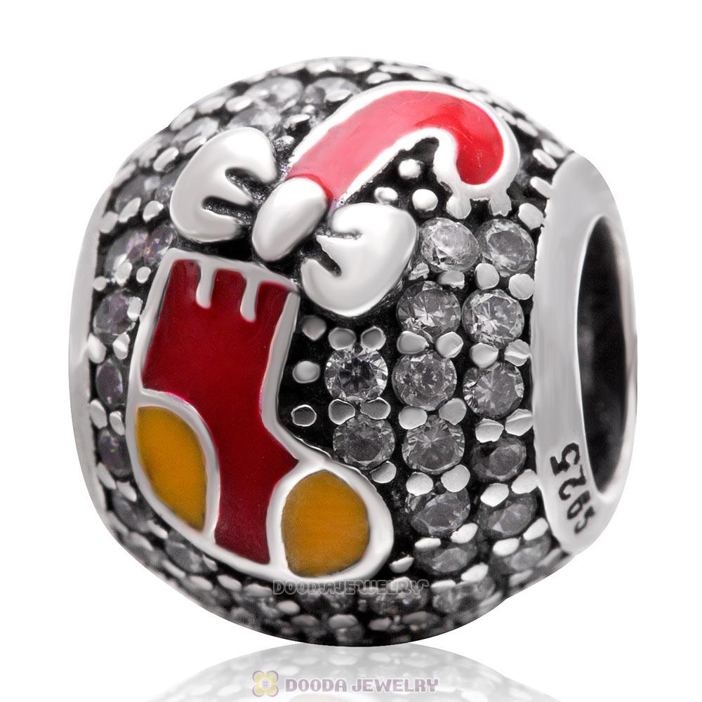 925 Sterling Silver Santa Walking Stick Charm Bead with Clear Zircon Stones