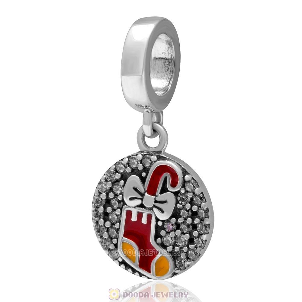 925 Sterling Silver Dangle Santa Walking Stick Charm with Clear Zircon Stones