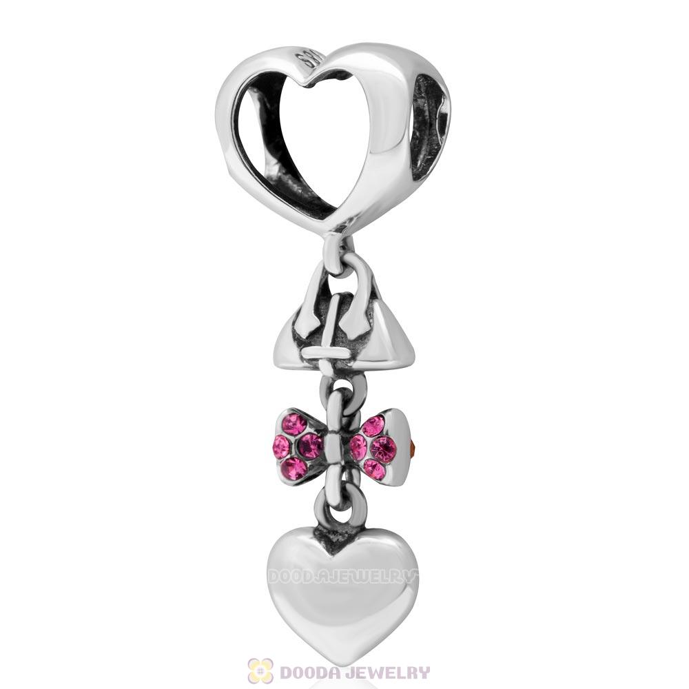 925 Sterling Silver Fashionably Tied Charm with Rose Austrian Crystals