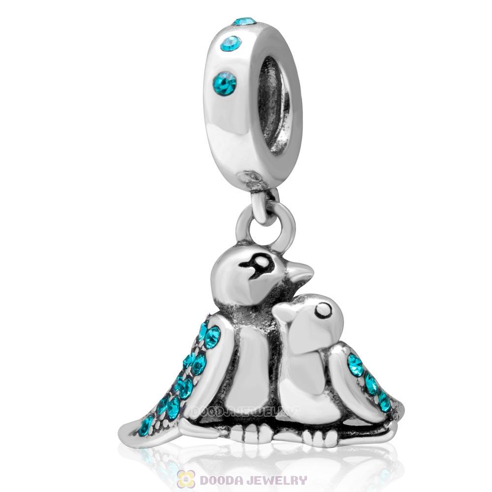925 Sterling Silver Birds Of A Feather Charm with Blue Zircon Crystal