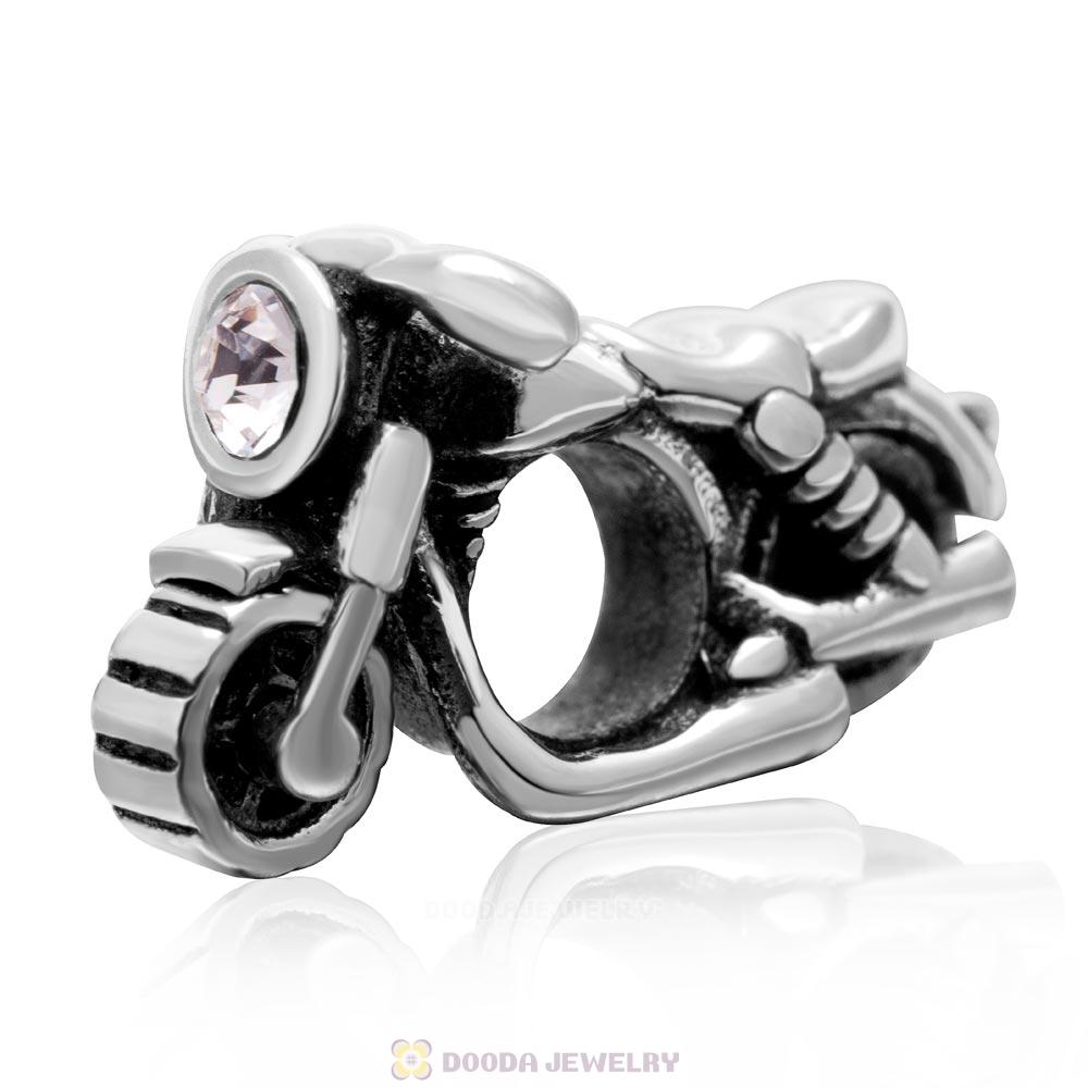 925 Sterling Silver Motorcycle Charm with Clear Austrian Crystal