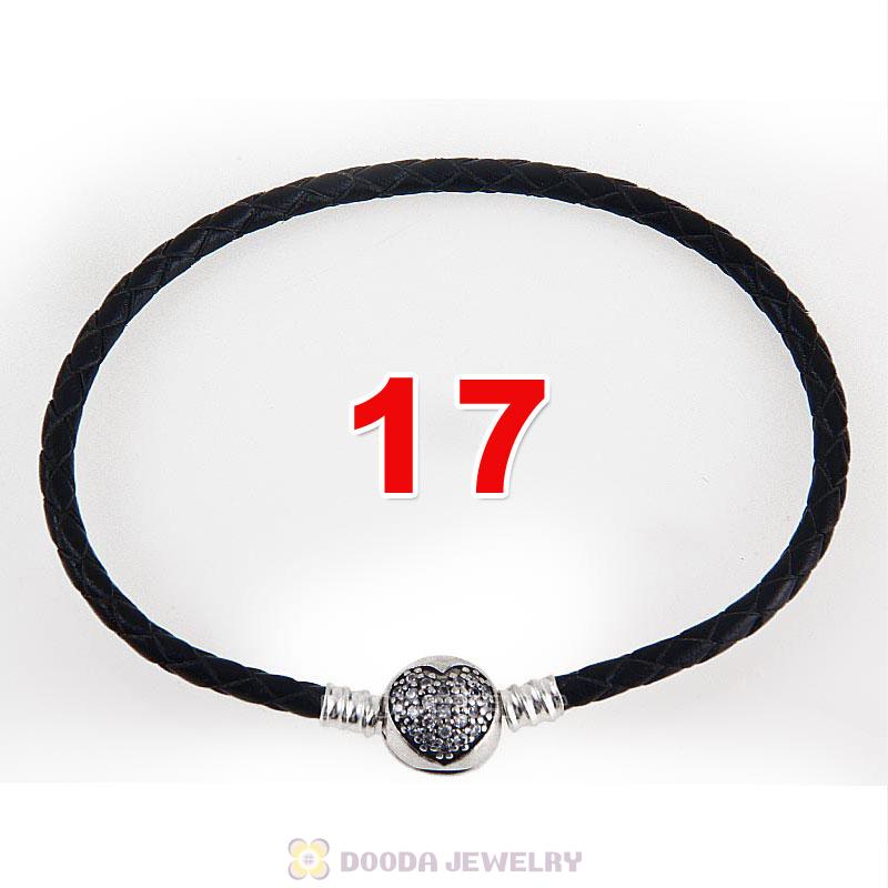 17cm Black Braided Leather Bracelet 925 Silver Love of My Life Round Clip with Heart White CZ Stone