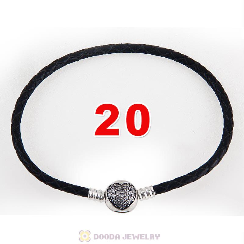 20cm Black Braided Leather Bracelet 925 Silver Love of My Life Round Clip with Heart White CZ Stone