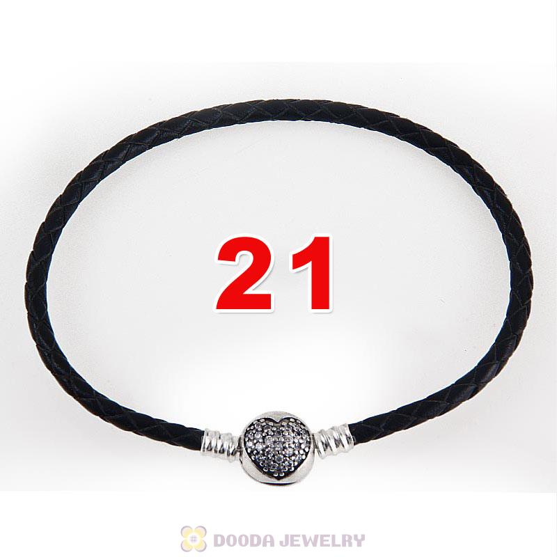 21cm Black Braided Leather Bracelet 925 Silver Love of My Life Round Clip with Heart White CZ Stone